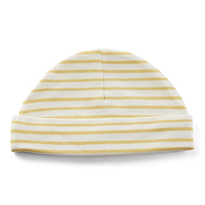 Pehr Stripes Away Marigold Beanie Hat. Organic cotton. White beanie with gold stripes.