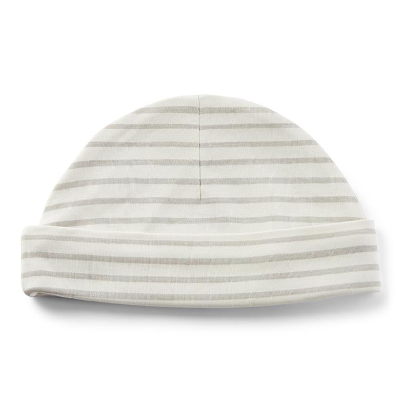 Pehr Stripes Away Pebble Grey Beanie Hat. Organic cotton. White beanie with light grey stripes.