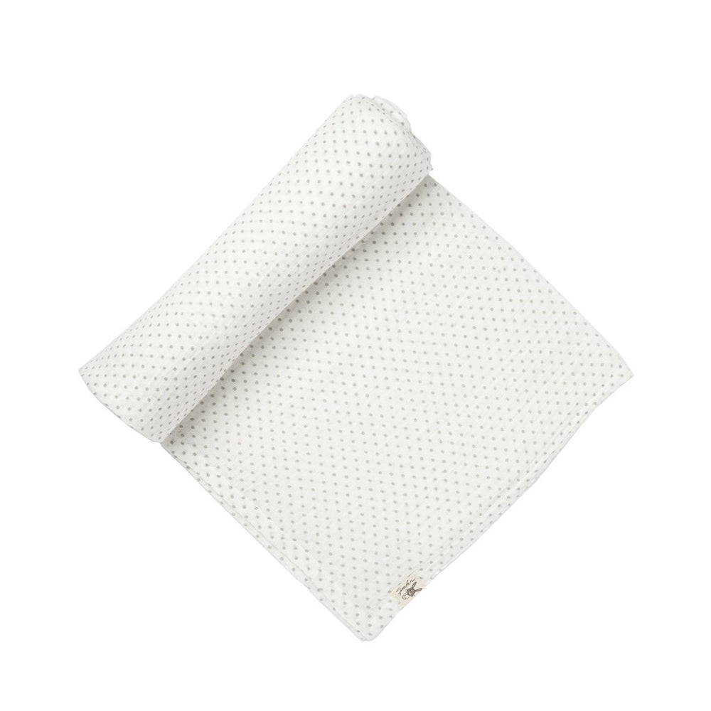 Pehr Grey Organic Pin Dot Swaddles. GOTS Certified Organic Cotton, hand printed. White with fine grey dot pattern.