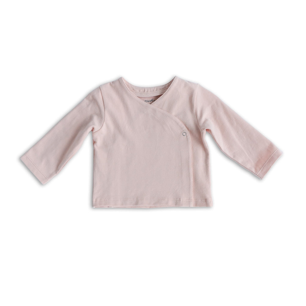 Pehr Powder Pink Essentials Wrap Cardigan. GOTS Certified Organic Cotton & Dyes. Light pink wrap cardigan.