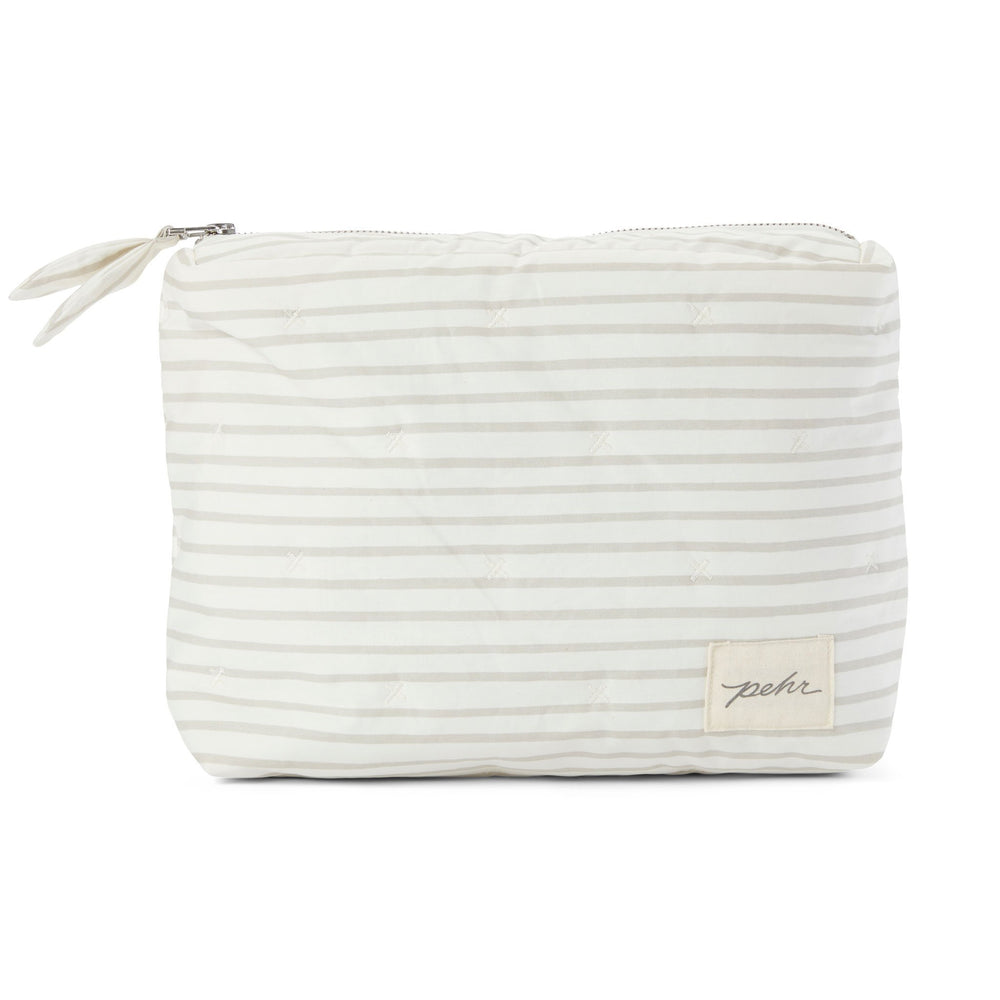Pehr Pebble Organic On The Go Travel Pouch. GOTS Certified Organic Cotton & Dyes. White with light grey stripes and zippered close.