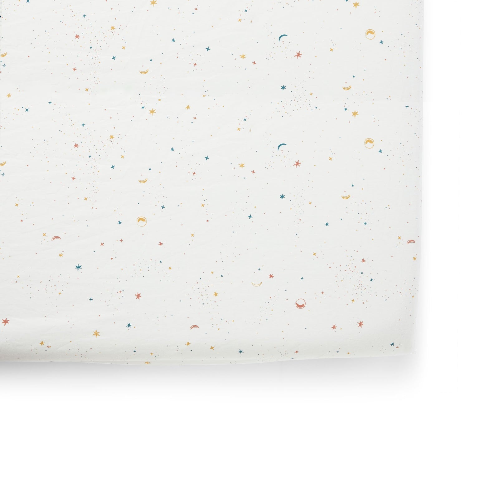 Pehr Celestial Organic Crib Sheet. GOTS Certified Organic Cotton. Screen printed by hand using AZO-Free dyes. White with stars.