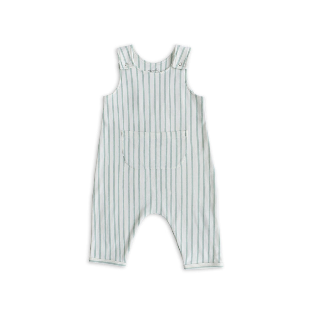 Pehr Stripes Away Sea Overall. GOTS Certified Organic Cotton & Dyes. White with blue stripes and front pocket.