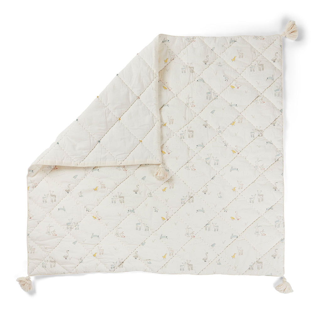 Pehr Just Hatched Blanket. Hand printed. White with baby animals, tassels on corners.