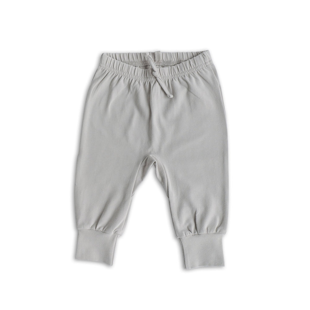 Pehr Dove Grey Essentials Pant. GOTS Certified Organic Cotton & Dyes. Light grey pants with tie.