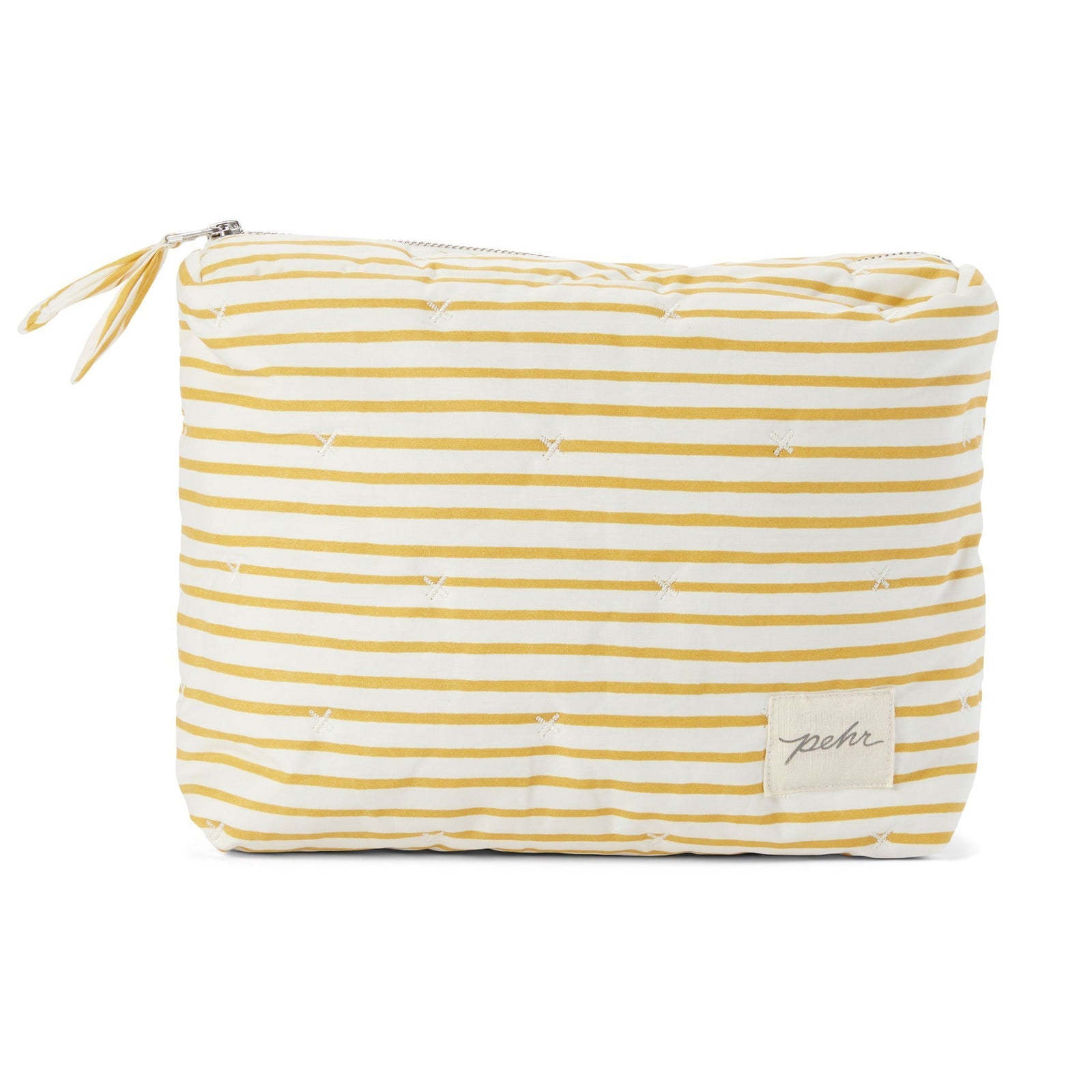 Pehr Marigold Organic On The Go Travel Pouch. GOTS Certified Organic Cotton & Dyes. White with gold stripes and zippered close.