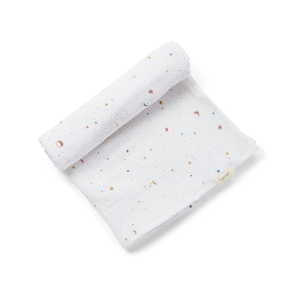 Pehr Celestial Organic Novelty Swaddles. Organic cotton, hand printed. White with celestial pattern.