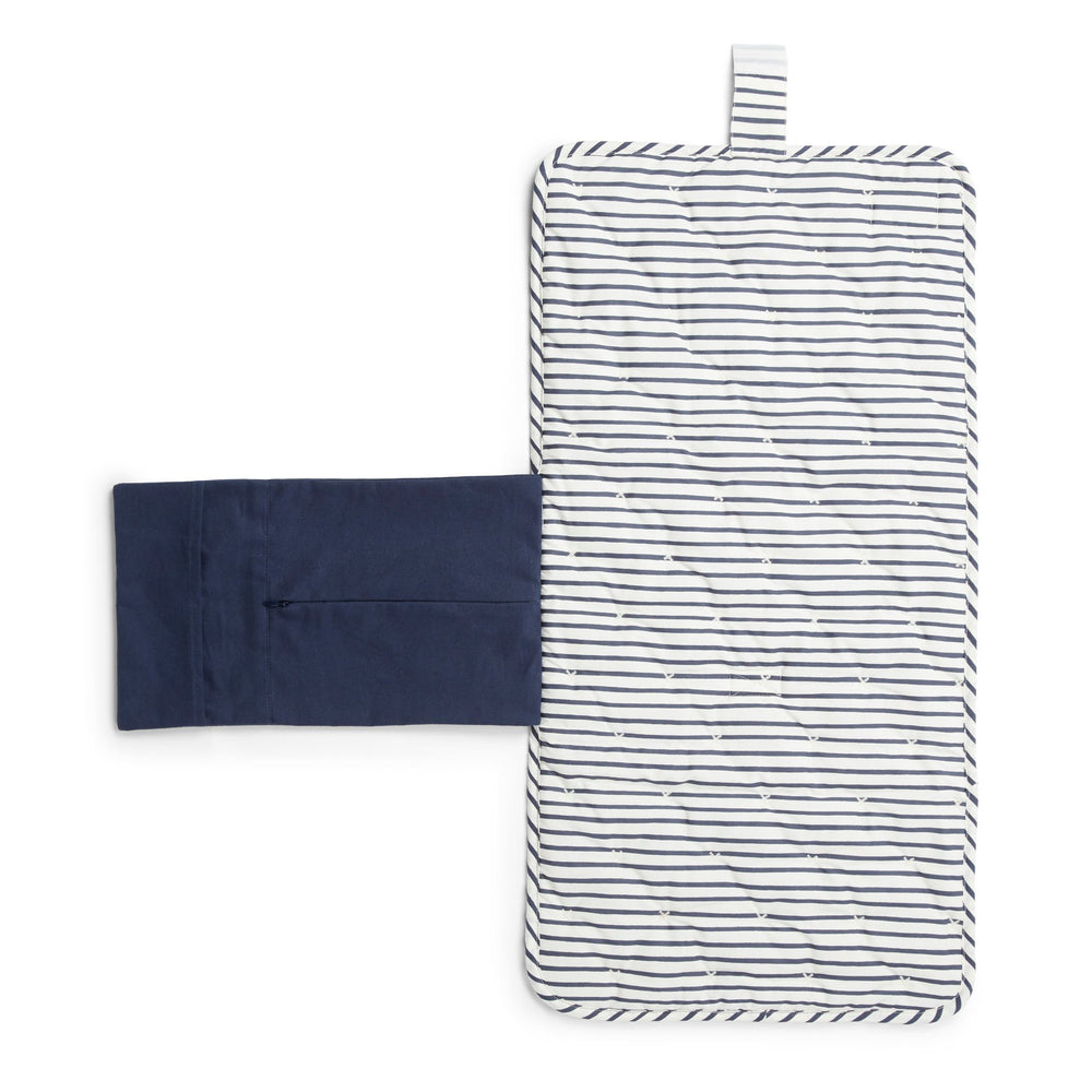 Pehr Ink Blue Organic On The Go Travel Change Pad opened up. GOTS Certified Organic Cotton & Dyes. White with dark blue stripes.