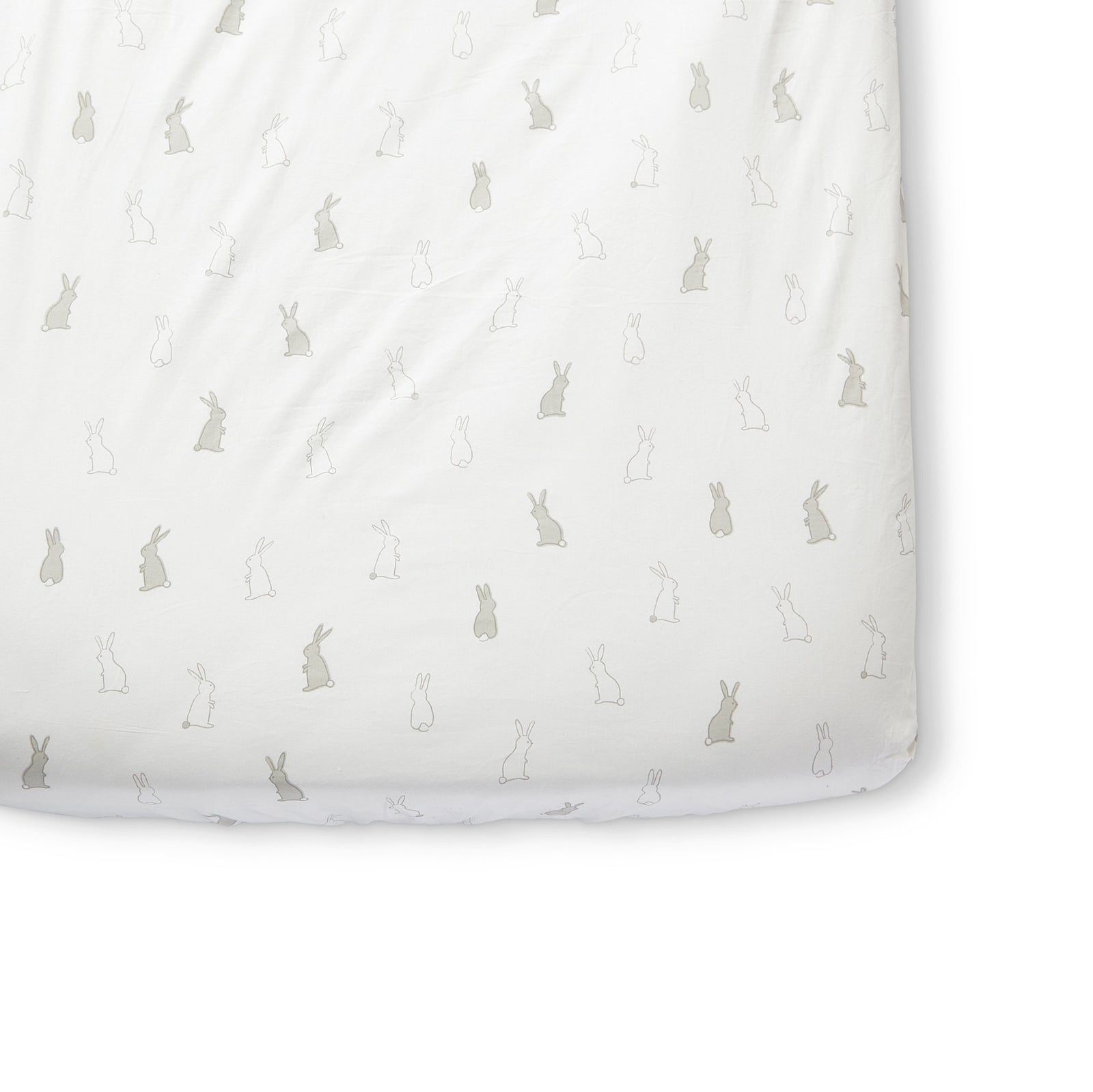 Pehr Bunny Hop Organic Crib Sheet. GOTS Certified Organic Cotton. Screen printed by hand using AZO-Free dyes. White with bunnies.
