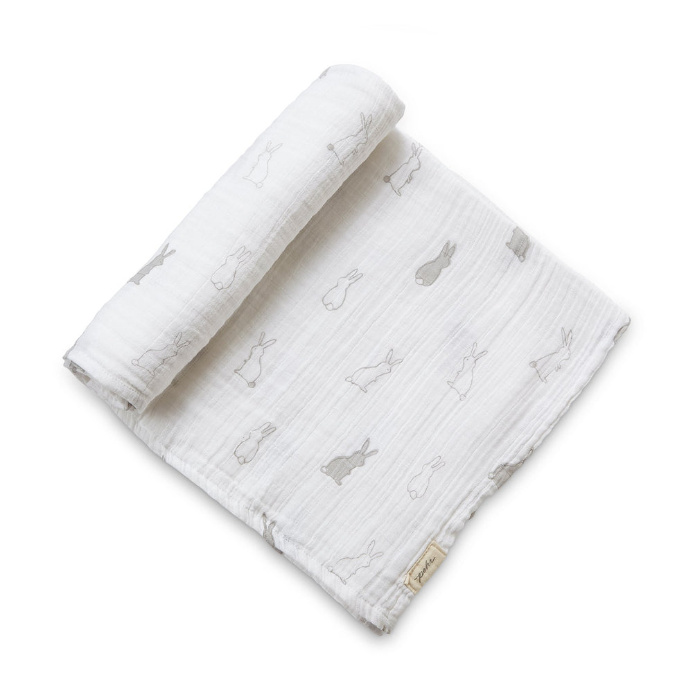 Pehr Bunny Hop Organic Novelty Swaddles. Organic cotton, hand printed. White with bunny pattern.