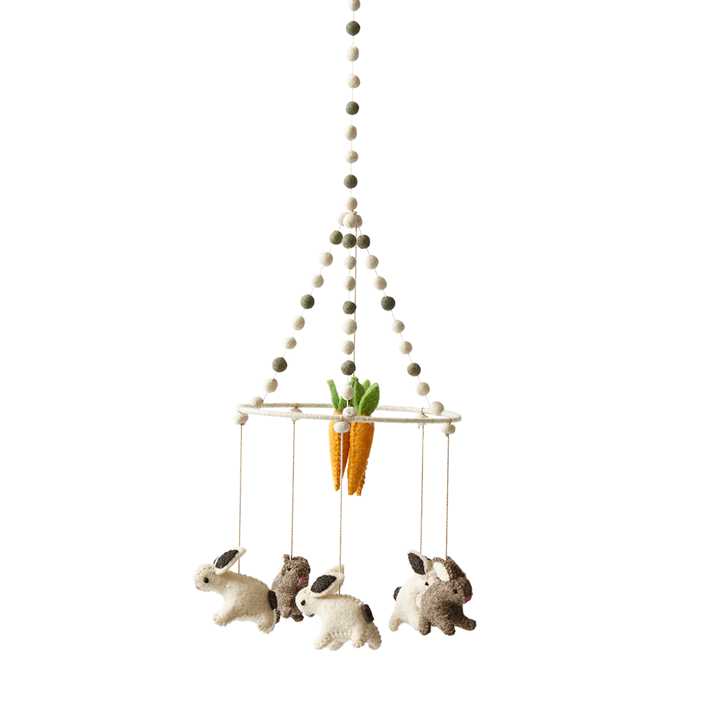Pehr Tiny Bunny Classic Mobile. Ethically Handmade using 100% wool and AZO-Free dyes. Mobile with Bunnies.