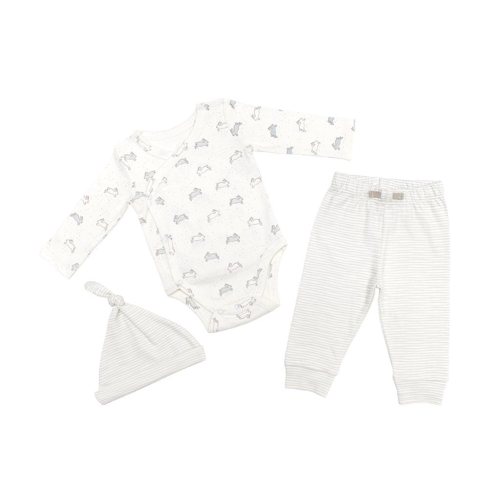 Pehr Tiny Bunny 3-Piece Set. Organic. White long sleeve one-piece with Tiny Bunny print, white and light grey striped pant, and white and light grey striped Top Knot Hat.