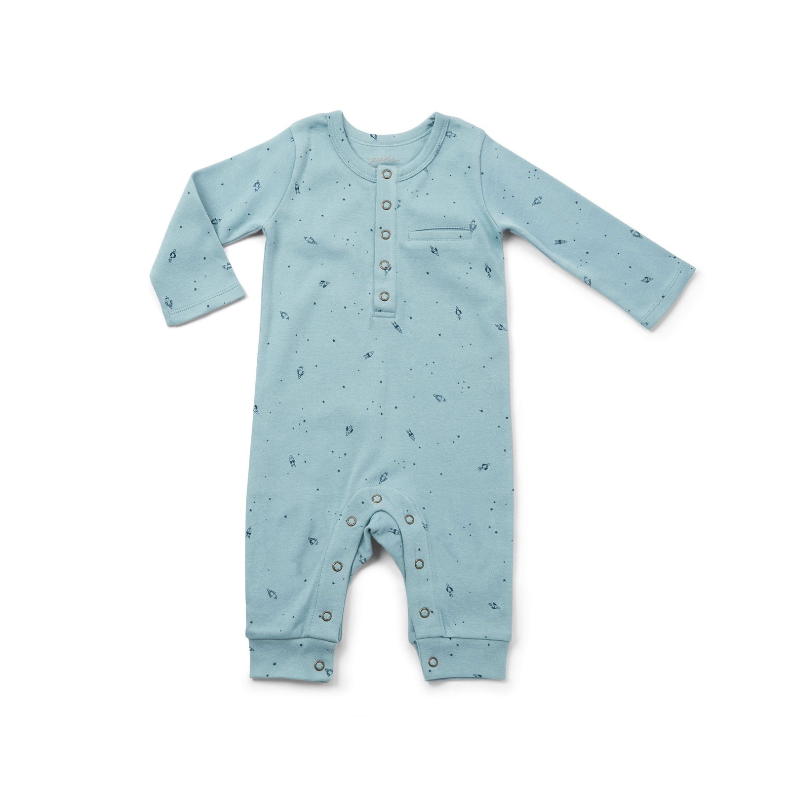 Pehr Long Sleeve Rocketman Romper. Certified organic cotton. Blue with rocketships.