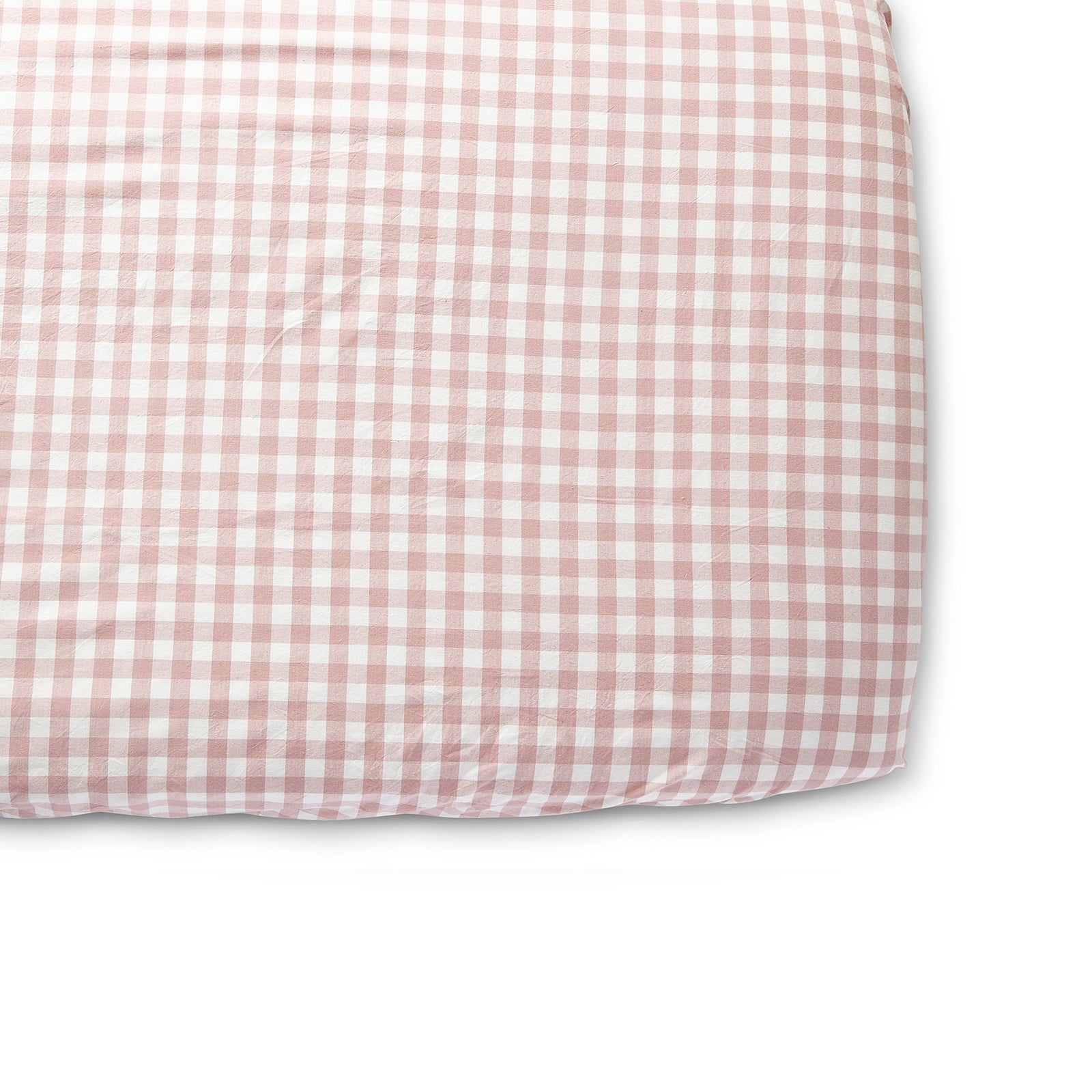 Pehr Checkmate Blossom Organic Crib Sheet. GOTS Certified Organic Cotton. Screen printed by hand using AZO-Free dyes. White with pink checks.
