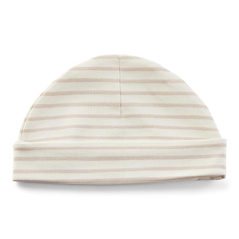 Pehr Stripes Away Petal Beanie Hat. Organic cotton. White beanie with light pink stripes.
