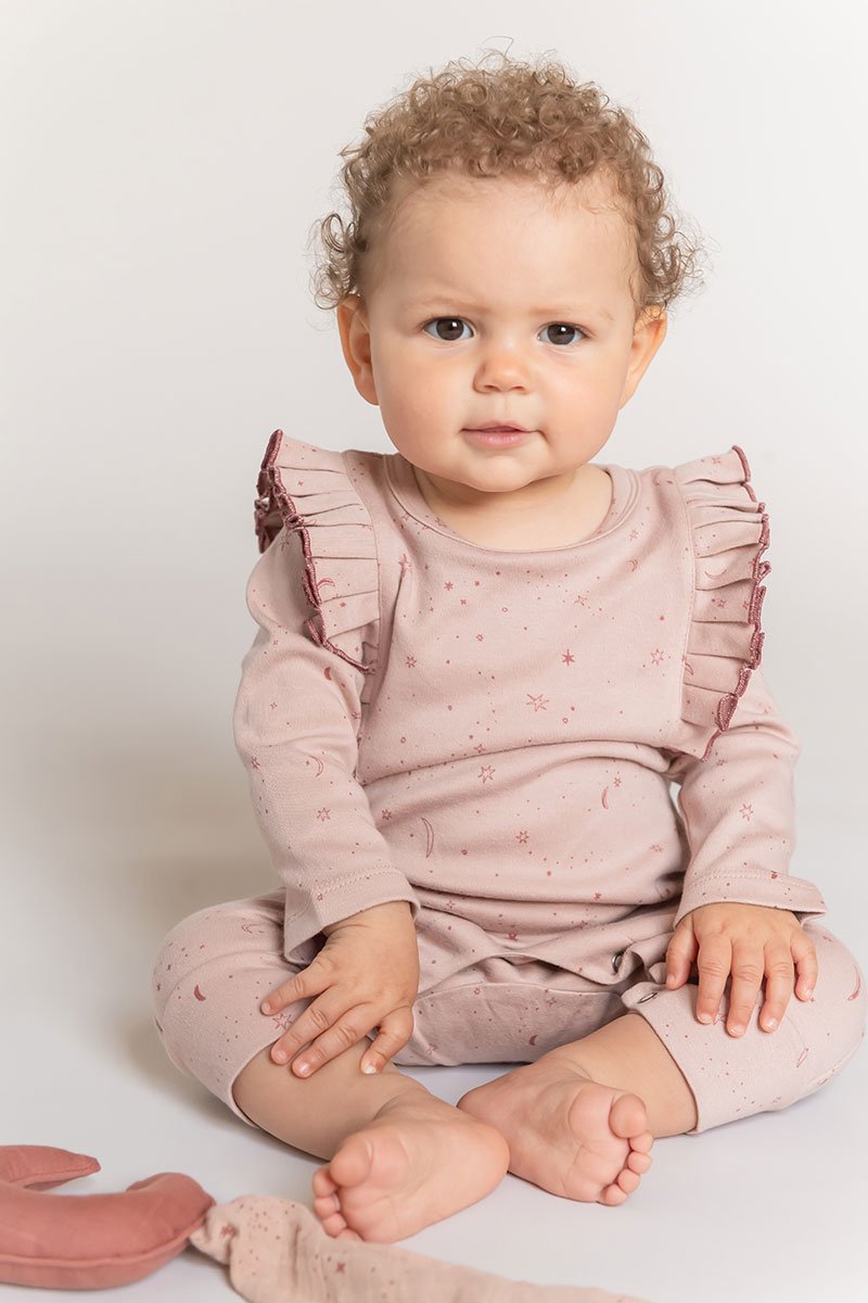 Pehr Long Sleeve Stripes Away Dark Pink w/Ruffle Romper. Certified organic cotton. White with pink stripes and ruffles on the collar.