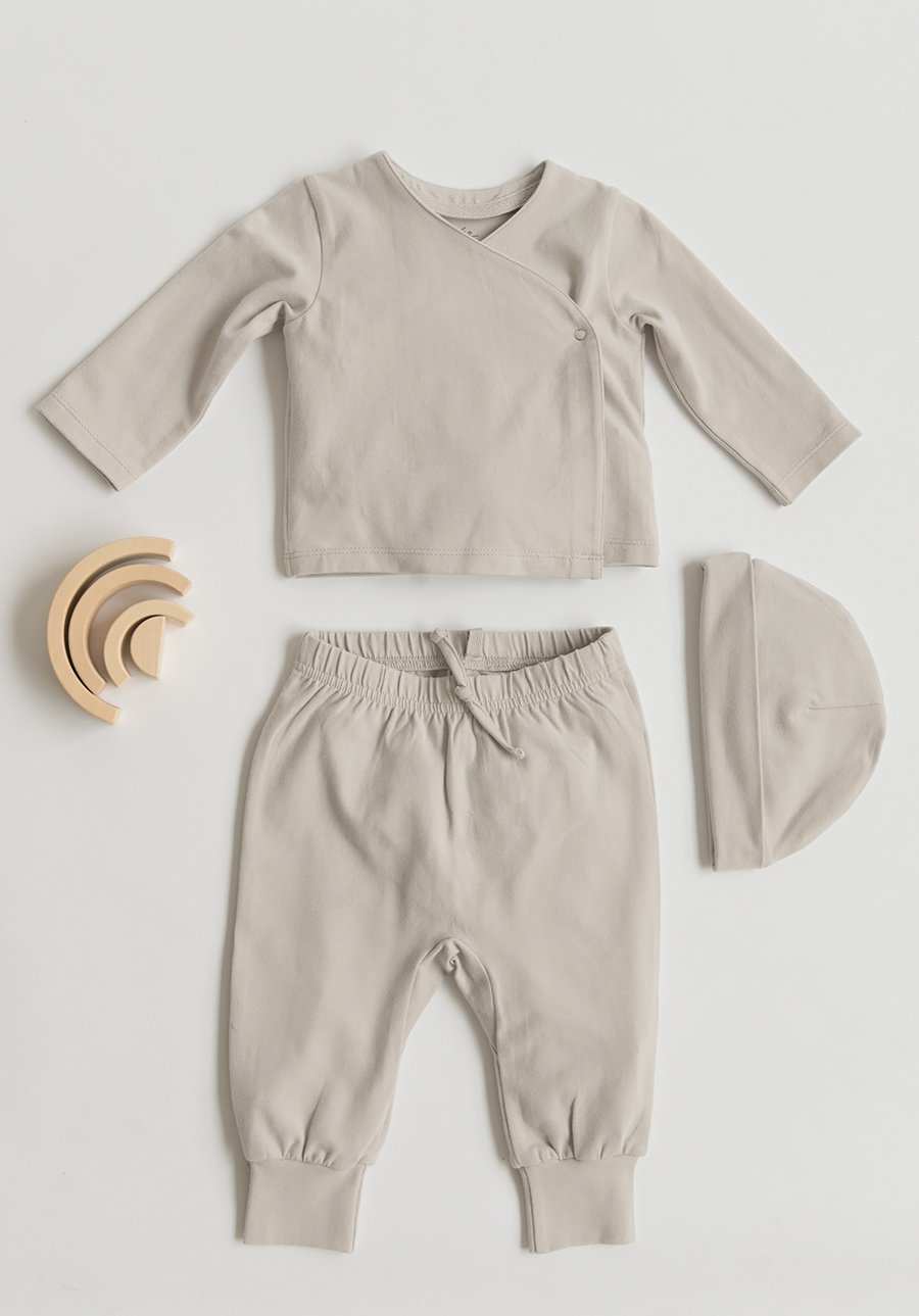Pehr Dove Grey Essentials Hat with Pehr Dove Grey Essentials Pant and Essentials Wrap Cardigan. GOTS Certified Organic Cotton & Dyes. Light grey hat.