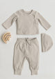 Pehr Dove Grey Essentials Wrap Cardigan with Pehr Dove Grey Essentials Hat and Essentials Pant. GOTS Certified Organic Cotton & Dyes. Light grey wrap cardigan.