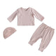 Pehr Powdered Pink 3-Piece Set. Organic. Light pink Pehr Essentials wrap cardigan, Pehr Essentials pant, and Pehr Essentials Hat.