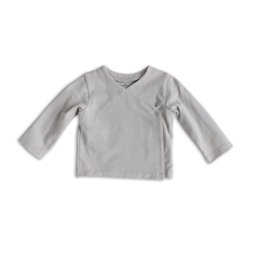 Pehr Dove Grey Essentials Wrap Cardigan. GOTS Certified Organic Cotton & Dyes. Light grey wrap cardigan.