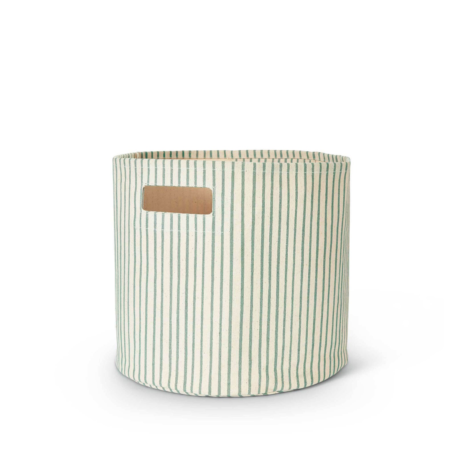 Pehr Printed Bin Stripes Away Sea Hamper. Handmade. Round canvas with blue stripes.