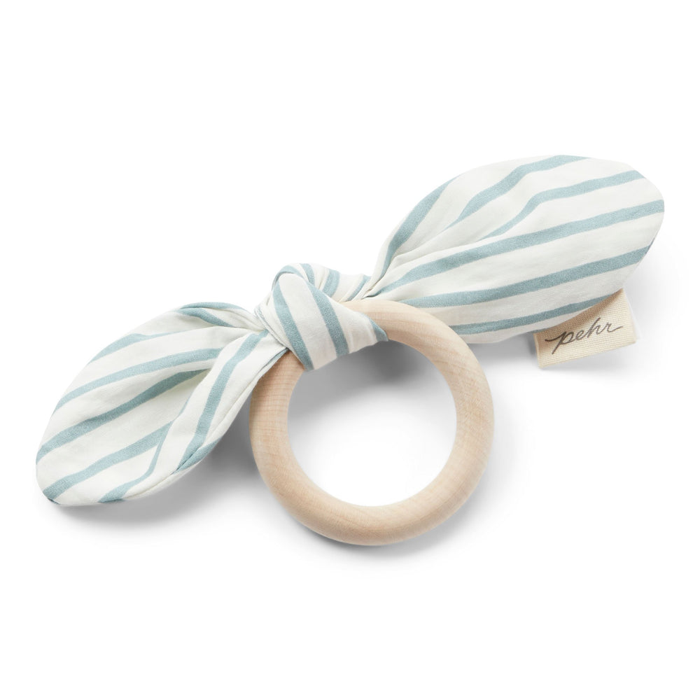 Pehr Deep Sea Organic On the Go Teether. GOTS Certified Organic Cotton & Dyes. White bow with blue stripes, maple wood ring.