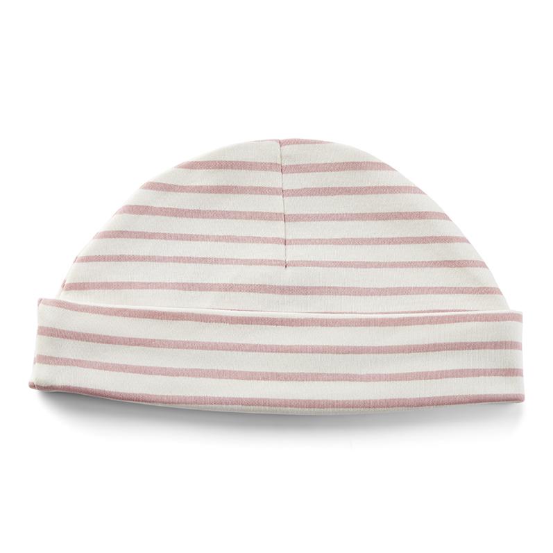 Pehr Stripes Away Dark Pink Beanie Hat. Organic cotton. White beanie with dark pink stripes.