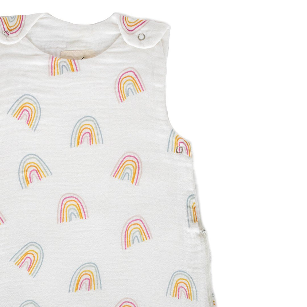 Pehr Happy Days 1.0 TOG Sleep Bag. 100% organic muslin cotton. White with rainbow print.