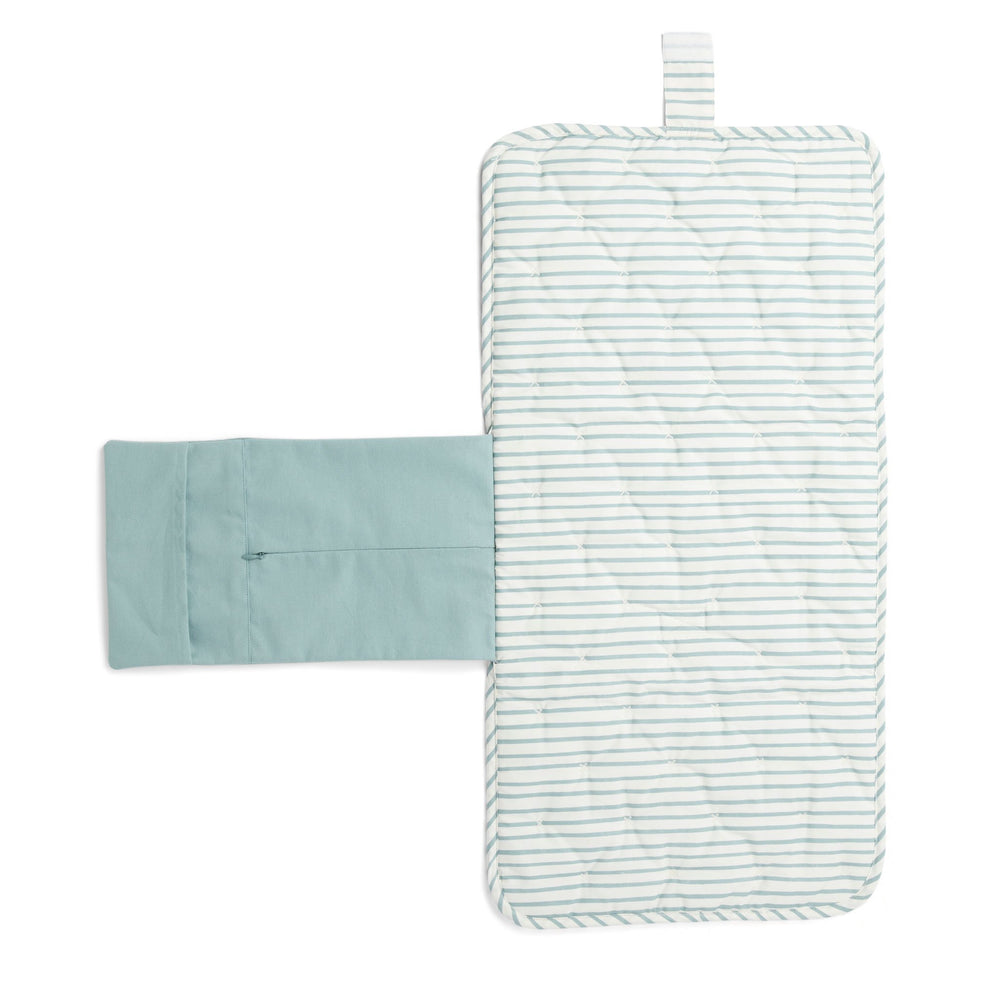 Pehr Deep Sea Organic On The Go Travel Change Pad opened up. GOTS Certified Organic Cotton & Dyes. White with blue stripes.