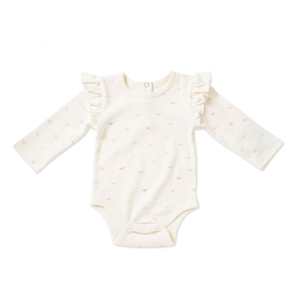 Long sleeve ruffle one -piece in organic cotton with delicate pink bow print