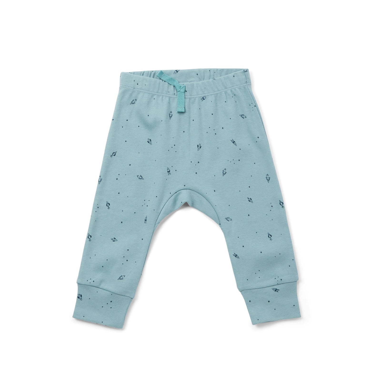 Pehr Rocketman Organic Harem Pant. GOTS Certified Organic Cotton & Dyes. Blue with celestial pattern.