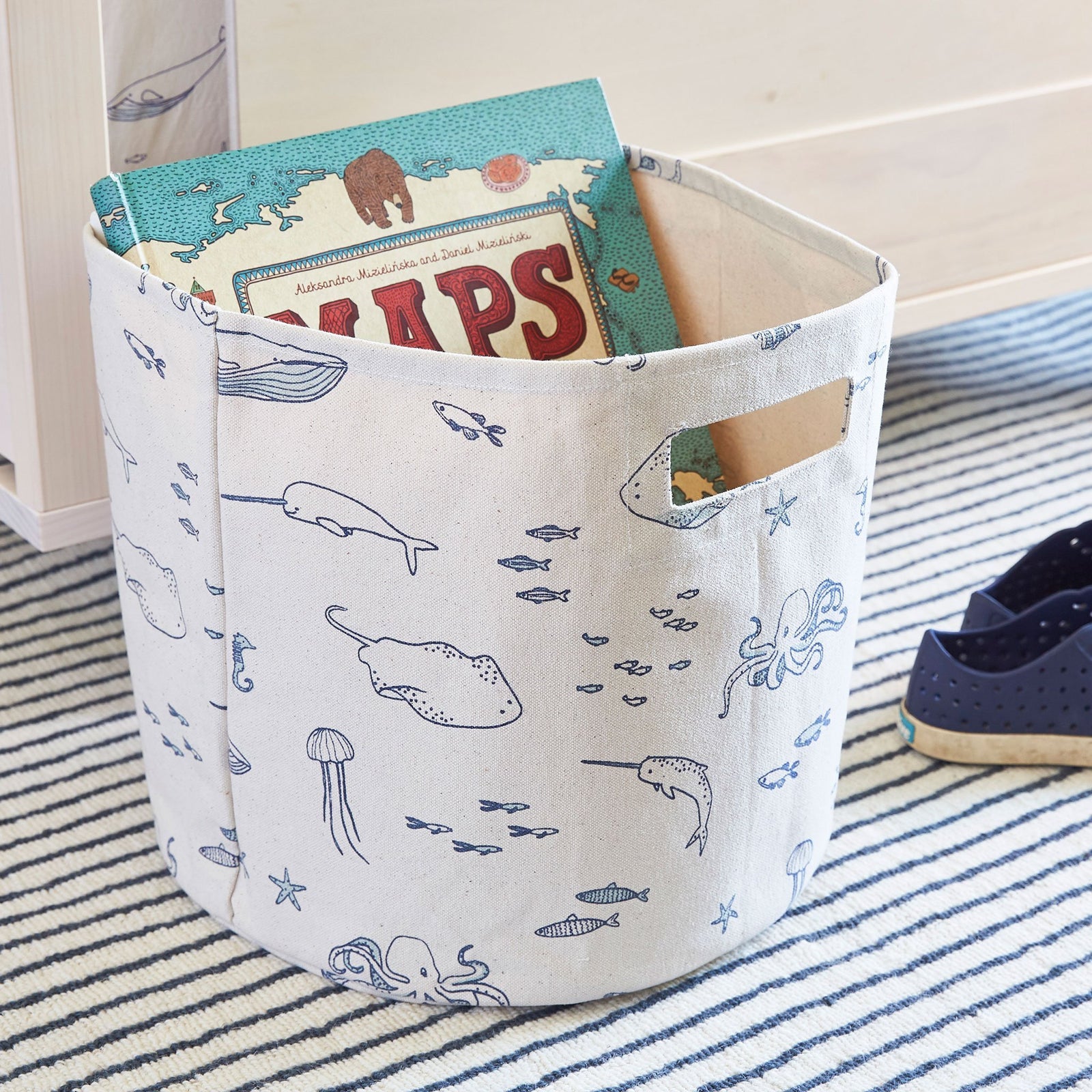 Pehr Printed Bin Life Aquatic Hamper. Handmade. Round canvas hamper with sea animals letters.