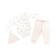 Pehr Little Lamb 3-Piece Set. Organic. White long sleeve one-piece with Little Lamb print, white and pink striped pant, and white and pink striped Top Knot Hat.