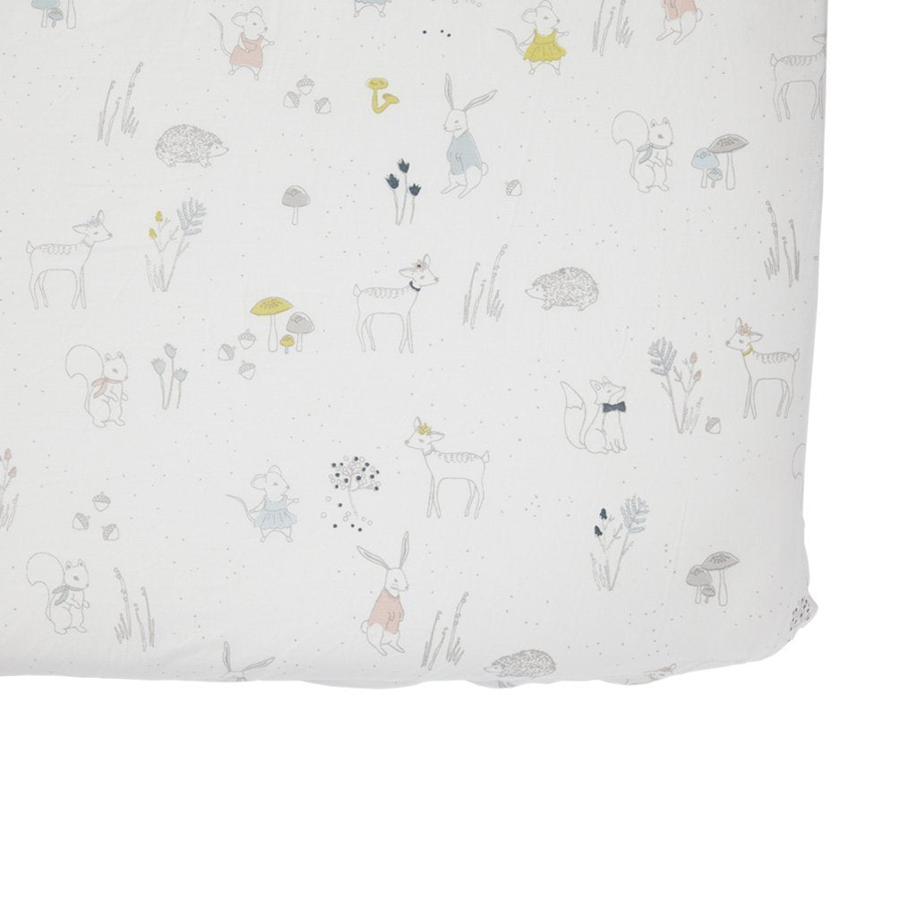 Pehr Magical Forest Organic Crib Sheet. GOTS Certified Organic Cotton. Screen printed by hand using AZO-Free dyes. White with animals.