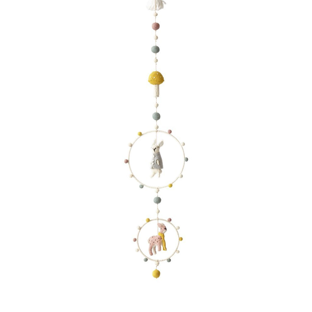 Pehr Magical Forest Hoop Mobile. Hand made. 100% wool. Rabbit and deer hanging in hoops with coloured pom poms.