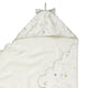 Pehr Magical Forest Hooded Towel. Hand printed. Cotton. White with forest animal and plant print, terry cloth inside, scalloped edges..
