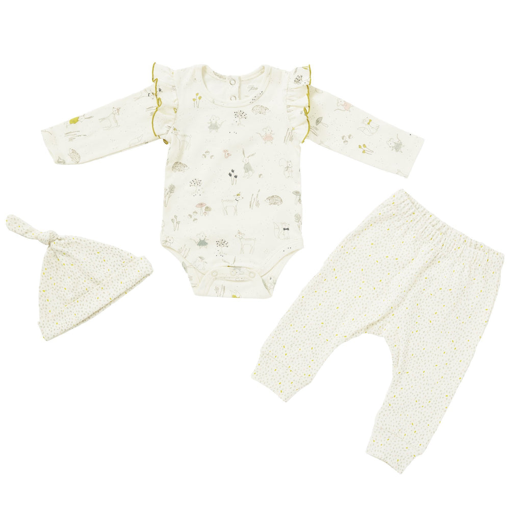 Pehr Magical Forest 3-Piece Set. Organic. White long sleeve one-piece with Magical Forest print, white with multi speck pattern pant, and white with multi speck Top Knot Hat.