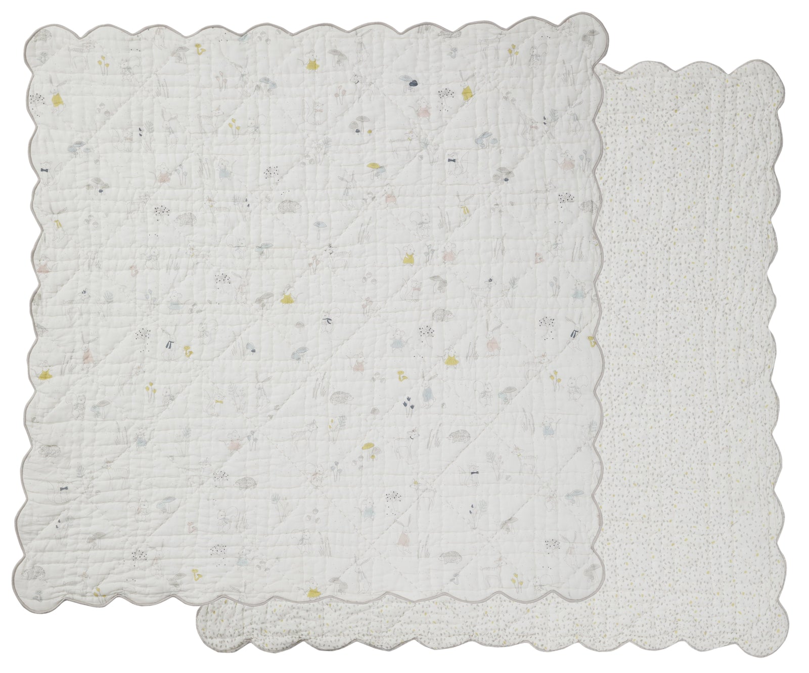 Pehr Magical Forest Blanket. Hand printed. White with forest animals and plants on one side, reverse side has coloured specks pattern. Scalloped edging.