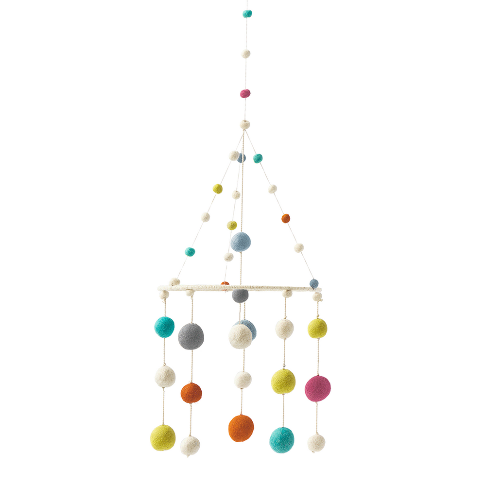Pehr Merry Go Round Classic Mobile. Ethically Handmade using 100% wool and AZO-Free dyes. Mobile with colourful dots.