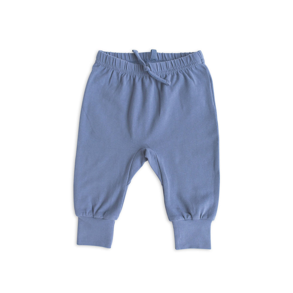 Pehr Cloud Blue Essentials Pant. GOTS Certified Organic Cotton & Dyes. Mid-tone blue pants with tie.