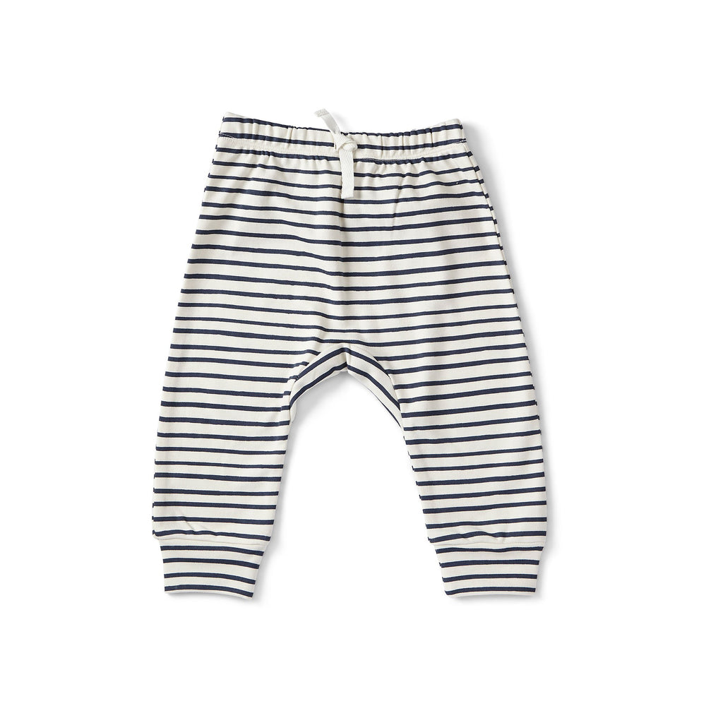 Pehr Ink Blue Organic Harem Pant. GOTS Certified Organic Cotton & Dyes. White with navy blue stripes.