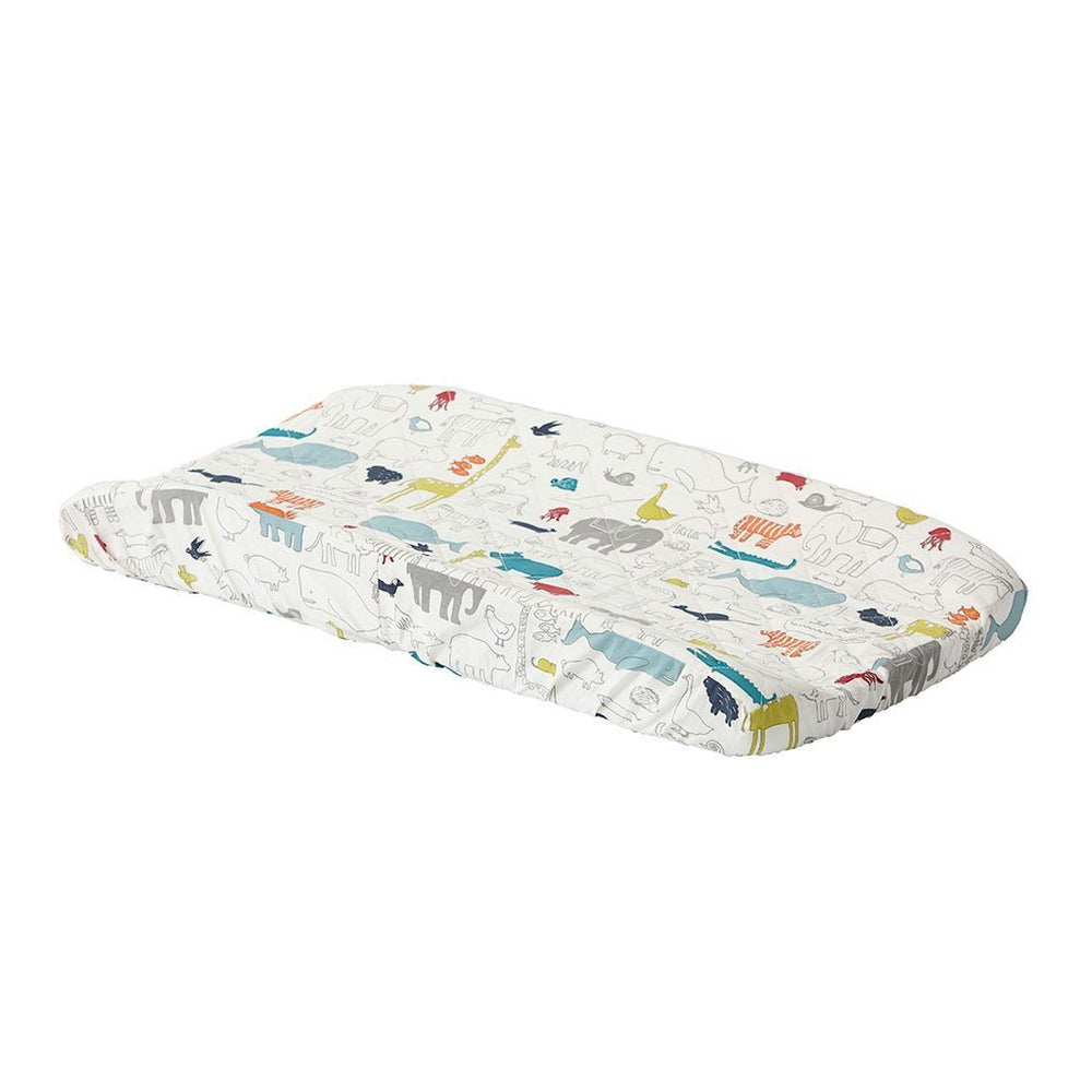 Pehr Noah's Ark Change Pad Cover. Hand printed. White with coloured animals.