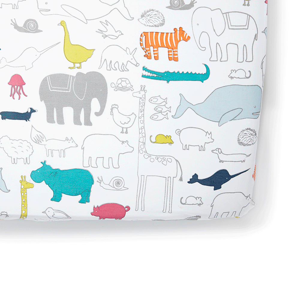 Pehr Noah's Ark Organic Crib Sheet. GOTS Certified Organic Cotton. Screen printed by hand using AZO-Free dyes. White with colourful animals.