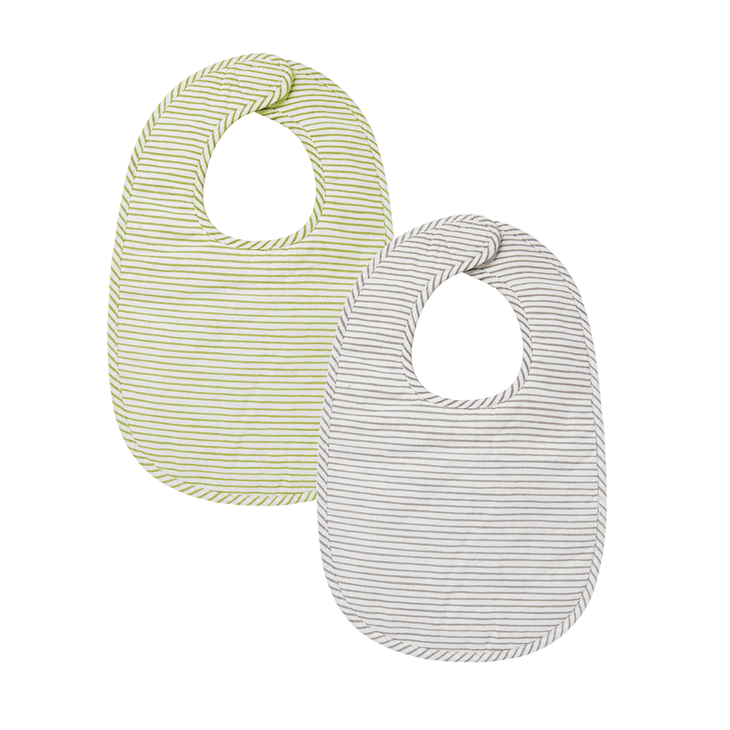 Reverse side of Pehr Noah's Ark & Painted Dots Bib Set of 2. Hand printed. Light yellow with deep yellow stripes, white with grey stripes.