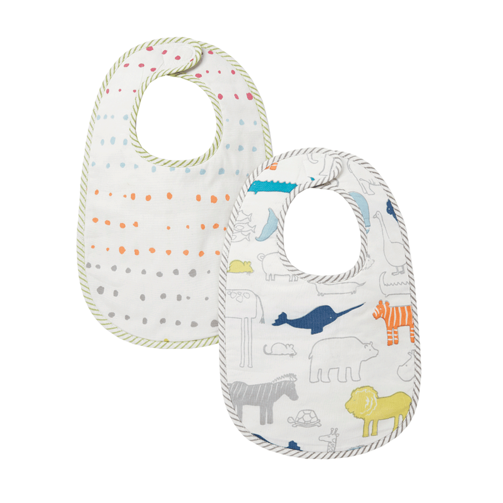 Pehr Noah's Ark & Painted Dots Bib Set of 2. Hand printed. First bib is white with coloured painted dots, second bib is white with coloured animals.