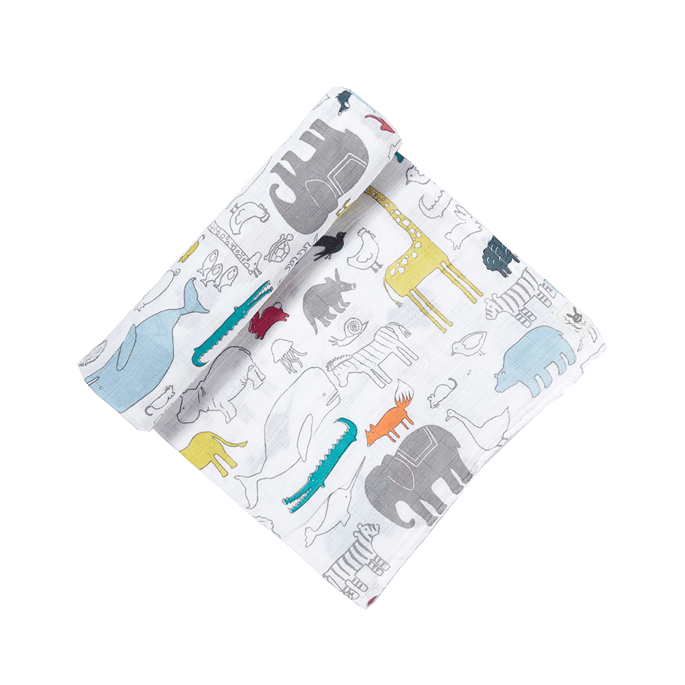 Pehr Noah's Ark Organic Novelty Swaddles. Organic cotton, hand printed. White with animal pattern.