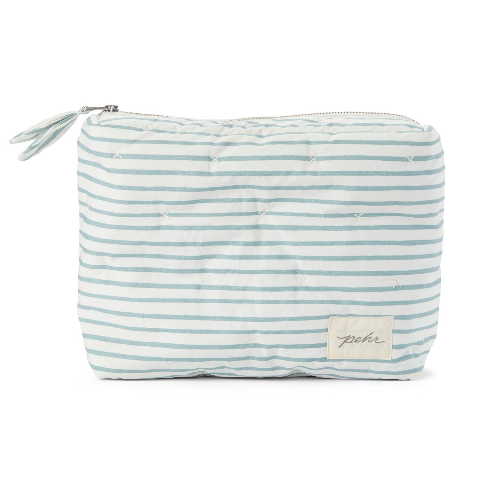 Pehr Deep Sea Organic On The Go Travel Pouch. GOTS Certified Organic Cotton & Dyes. White with blue stripes and zippered close.