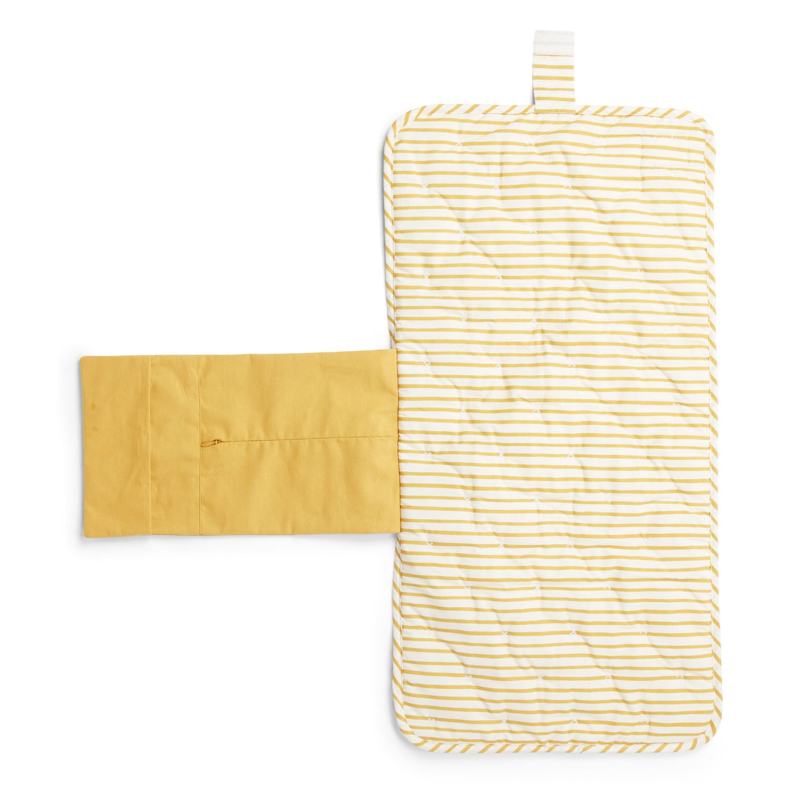 Pehr Marigold Organic On The Go Travel Change Pad opened up. GOTS Certified Organic Cotton & Dyes. White with gold stripes.