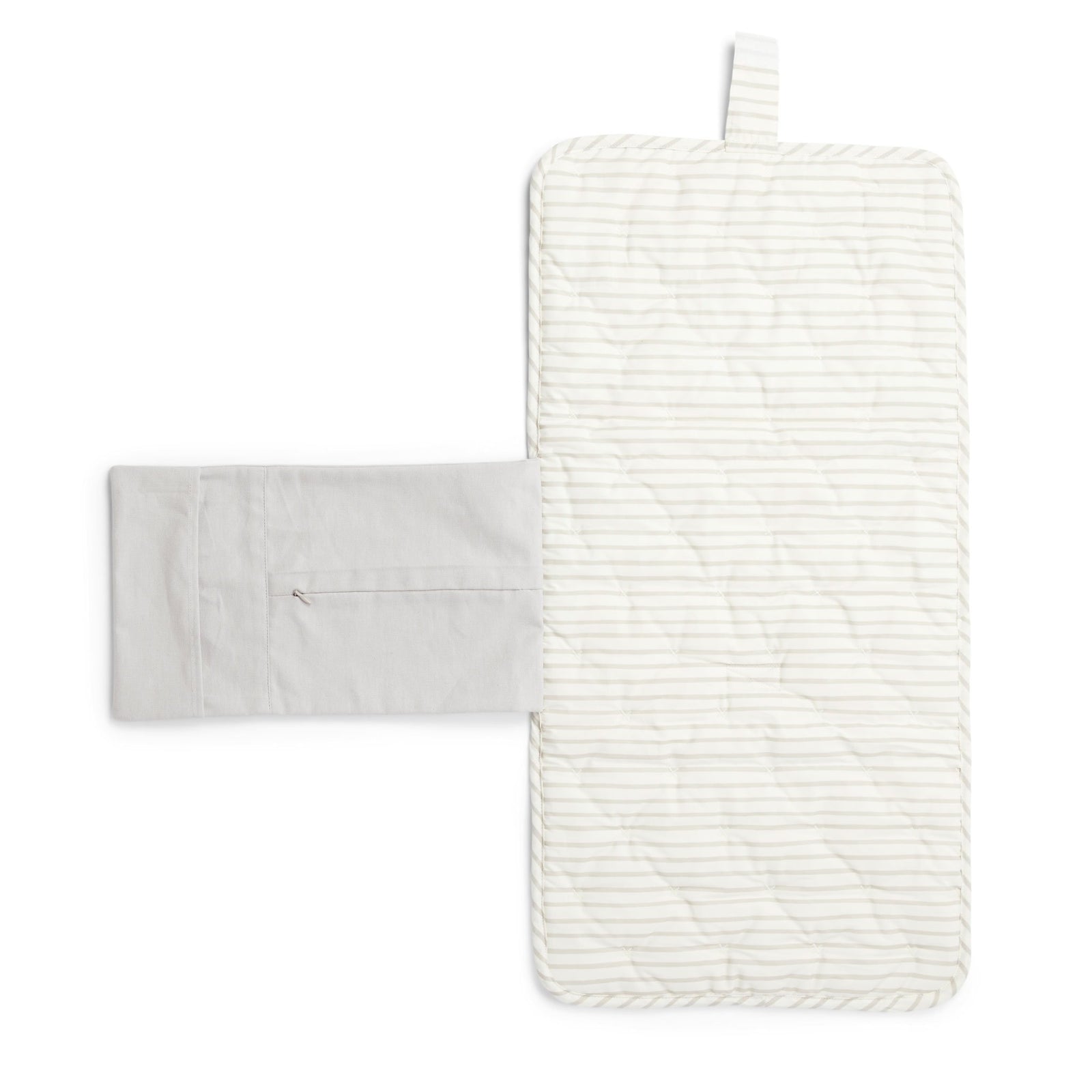 Pehr Pebble Organic On The Go Travel Change Pad opened up. GOTS Certified Organic Cotton & Dyes. White with light grey stripes.