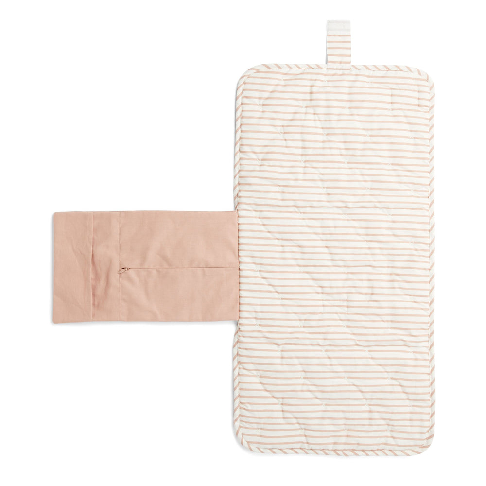 Pehr Rose Pink Organic On The Go Travel Change Pad opened up. GOTS Certified Organic Cotton & Dyes. White with pink stripes.